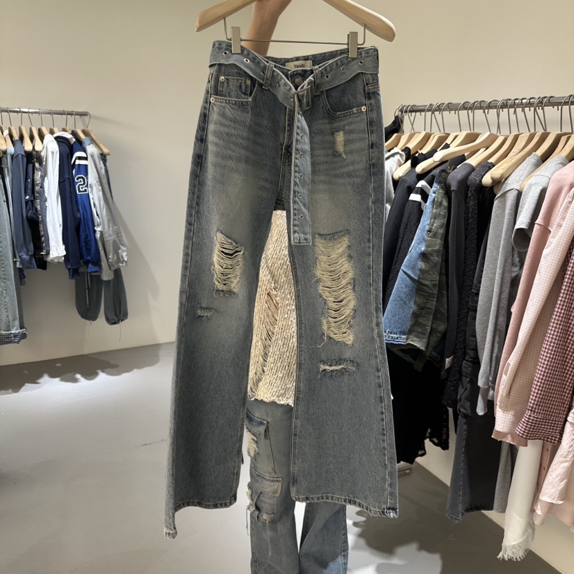 VAULT韓國直郵女裝新品26春夏熱賣休閑牛仔褲含腰帶系帶復古VAULT牛仔褲圖色1