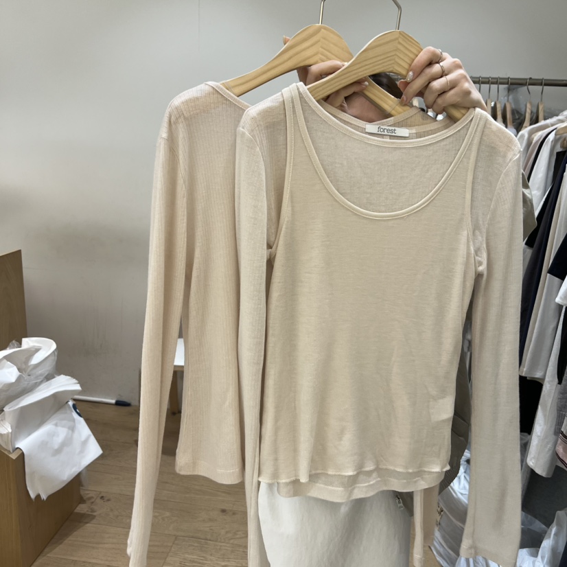 FOREST韓國直郵女士新款休閑時尚人氣長袖T恤天絲羊毛羅紋FOREST長袖T恤