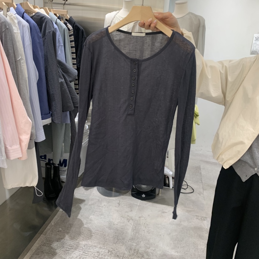 CHAE韓國代購女裝新款熱賣長袖T恤不含內搭天絲羊毛紐扣羅紋CHAE長袖T恤圖色3