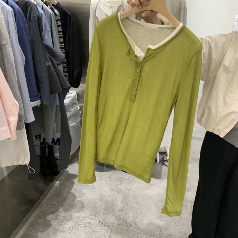 CHAE韓國代購女裝新款熱賣長袖T恤不含內搭天絲羊毛紐扣羅紋CHAE長袖T恤圖色4