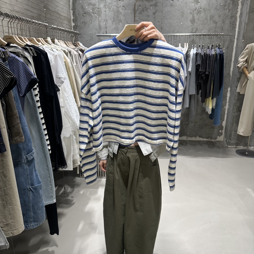 JUNI韓國直郵女士新款時尚人氣休閑職業長袖T恤不對稱奶油色my juni長袖T恤圖色1藍色