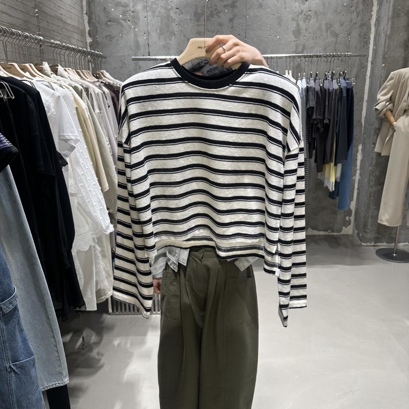 JUNI韓國直郵女士新款時尚人氣休閑職業長袖T恤不對稱奶油色my juni長袖T恤圖色2黑色