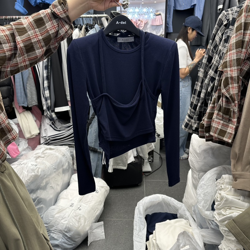 A-DEL韓國直郵女裝新款人氣休閑職業推薦時尚長袖T恤假兩件A-DEL長袖T恤圖色3深藍色