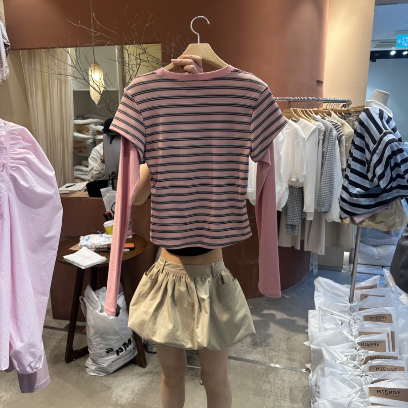 MIENNE韓國直郵女裝新款休閑推薦時尚職業長袖T恤假兩件條紋MIENNE長袖T恤