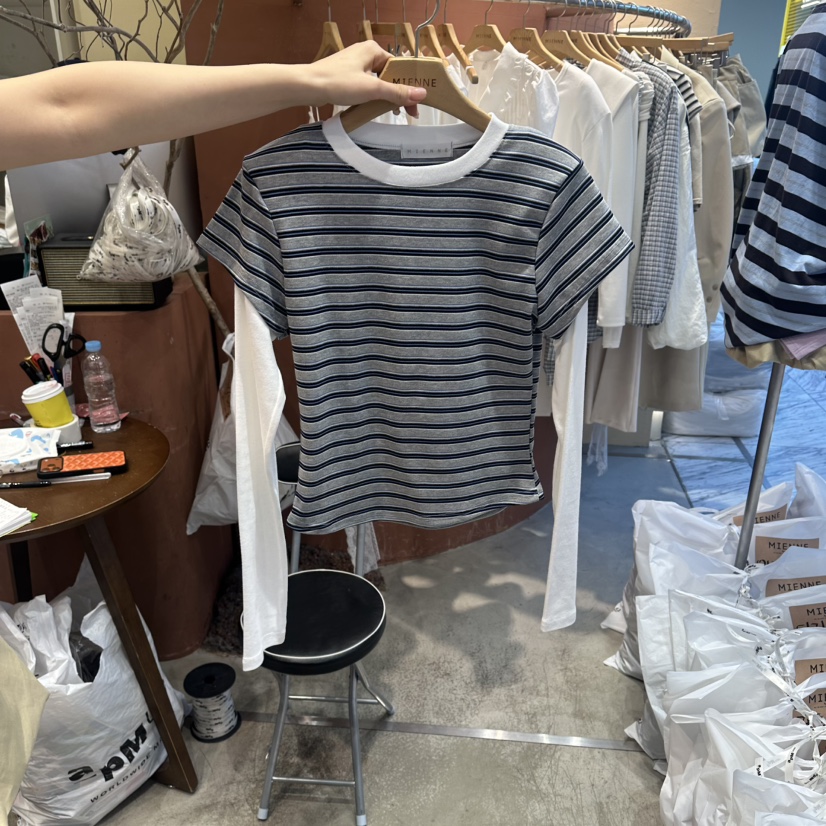 MIENNE韓國直郵女裝新款休閑推薦時尚職業長袖T恤假兩件條紋MIENNE長袖T恤圖色2