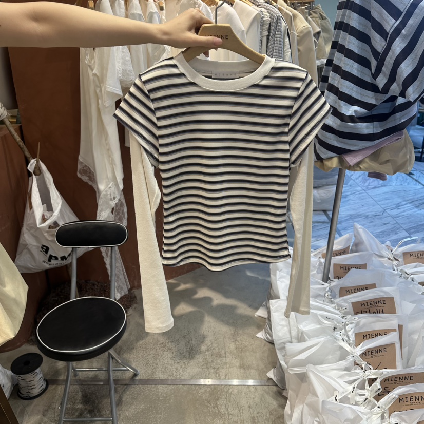 MIENNE韓國直郵女裝新款休閑推薦時尚職業長袖T恤假兩件條紋MIENNE長袖T恤圖色3