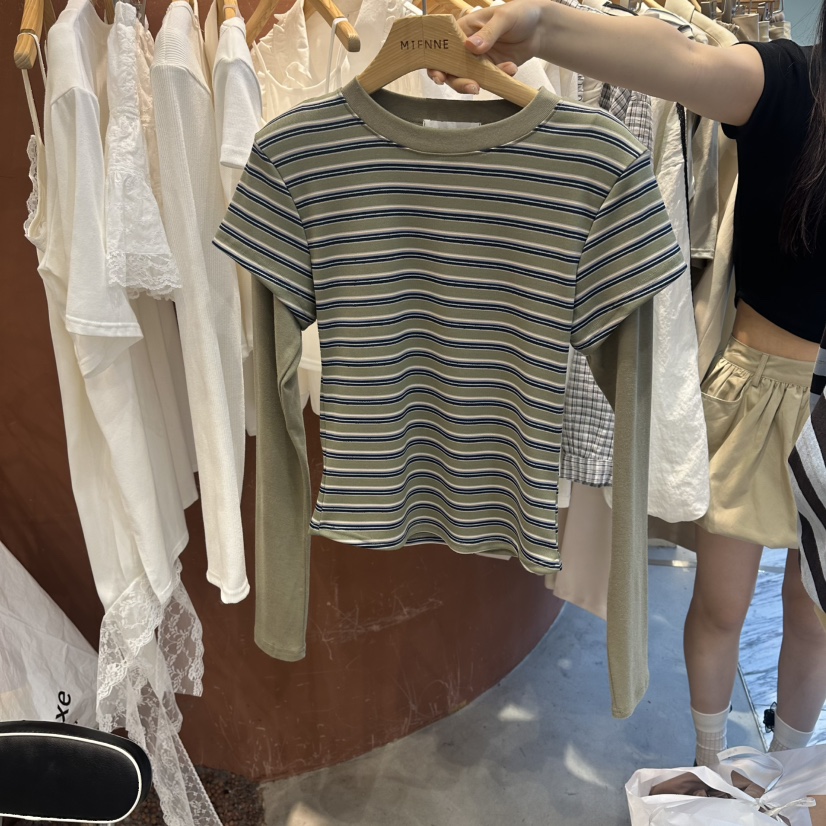 MIENNE韓國直郵女裝新款休閑推薦時尚職業長袖T恤假兩件條紋MIENNE長袖T恤圖色4