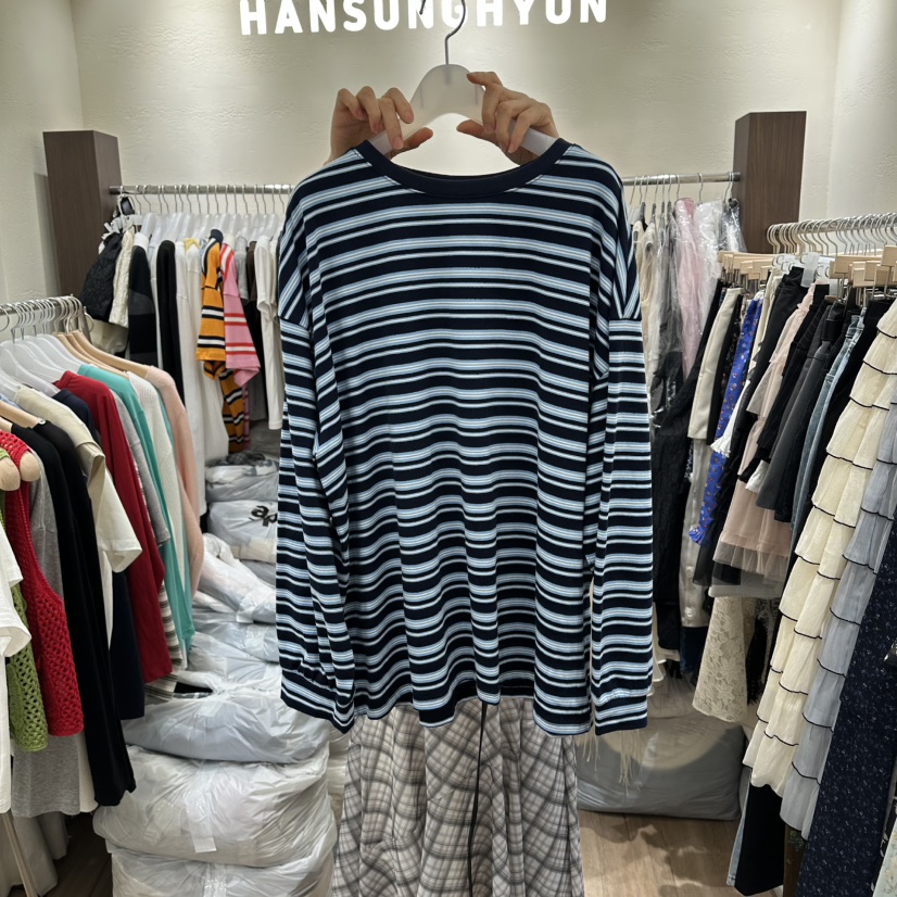 HANSUNGHYUN韓國直郵女裝新品休閑人氣26春夏長袖T恤寬松條紋HANSUNGHYUN長袖T恤圖色1