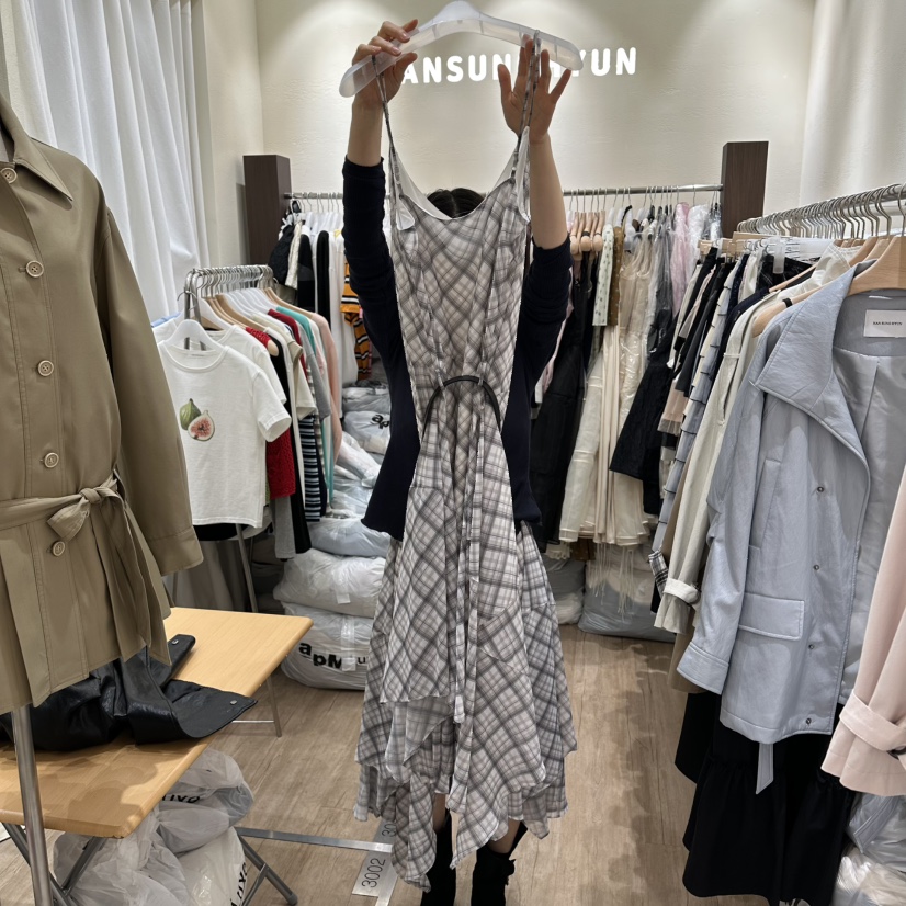 HANSUNGHYUN韓國代購女士新品人氣連衣裙含腰帶套裝格紋雪紡HANSUNGHYUN連衣裙