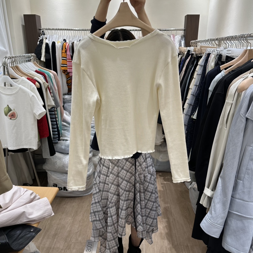 HANSUNGHYUN東大門代購女裝新品人氣針織衫荷葉邊V領開衫HANSUNGHYUN針織衫