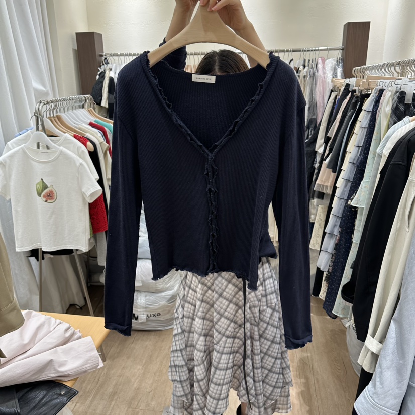 HANSUNGHYUN東大門代購女裝新品人氣針織衫荷葉邊V領開衫HANSUNGHYUN針織衫圖色3