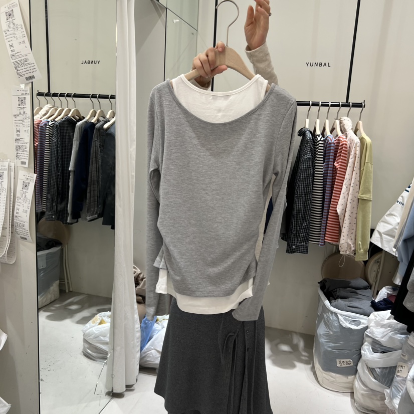 YUNBAL韓國直郵女裝新款時尚人氣休閑職業26春夏長袖T恤假兩件YUNBAL長袖T恤