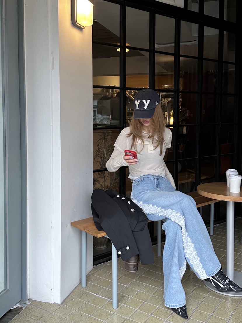 ZEROZERO韓國東大門代購女裝新款人氣牛仔褲腰帶蕾絲紐扣ZEROZERO牛仔褲