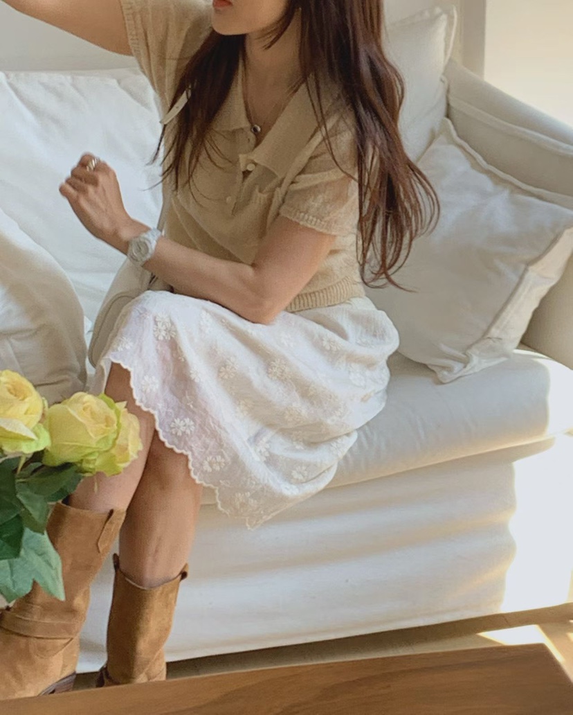 LA CREME韓國代購女裝新款休閑26春夏職業半身裙中短裙刺繡LA CREME半身裙/中短裙