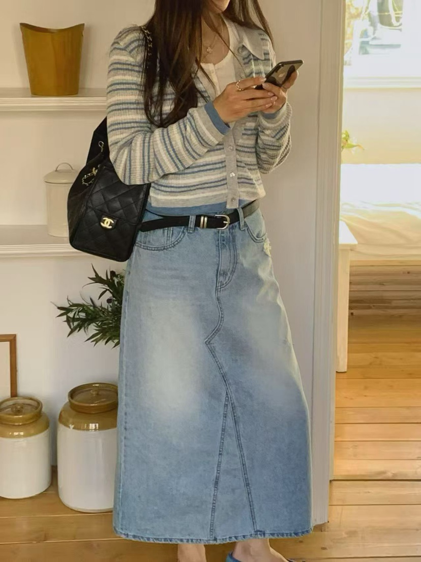 LA CREME韓國直郵實拍女裝新款熱賣人氣職業長裙水洗牛仔布LA CREME長裙