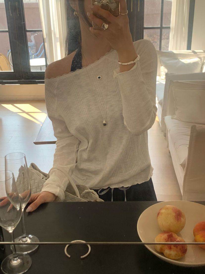 LA CREME韓國直郵實拍女士新品職業26春夏休閑長袖T恤蕾絲LA CREME長袖T恤