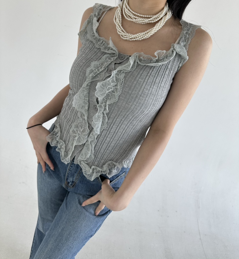 JENNY 1976韓國代購女裝新款休閑熱賣吊帶背心荷葉邊蕾絲JENNY 1976吊帶/背心