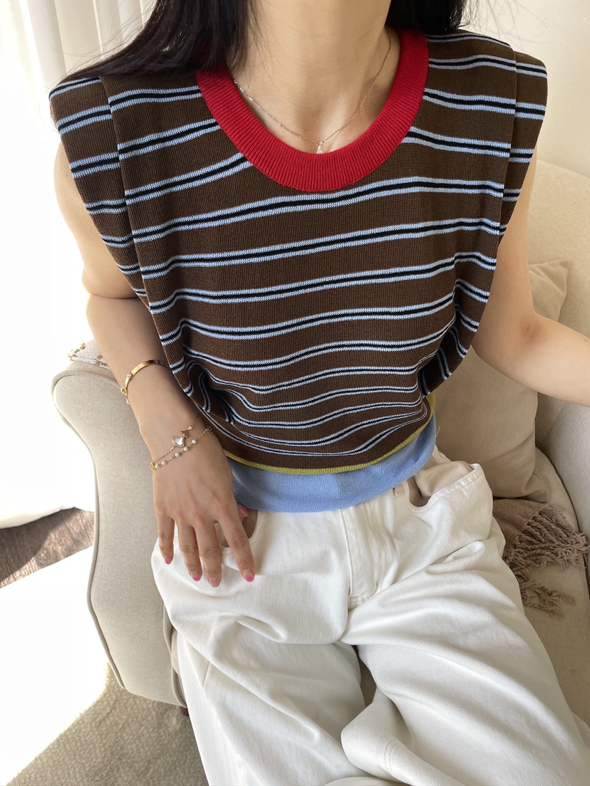 EDITION-P東大門實拍女裝新款休閑推薦吊帶背心條紋絎縫EDITION/CHAHEE吊帶/背心