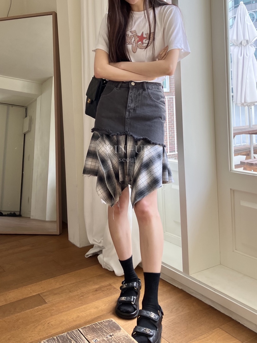 PIN-UP韓國直郵實拍女士新款26春夏半身裙中短裙不對稱格紋PIN-UP半身裙/中短裙