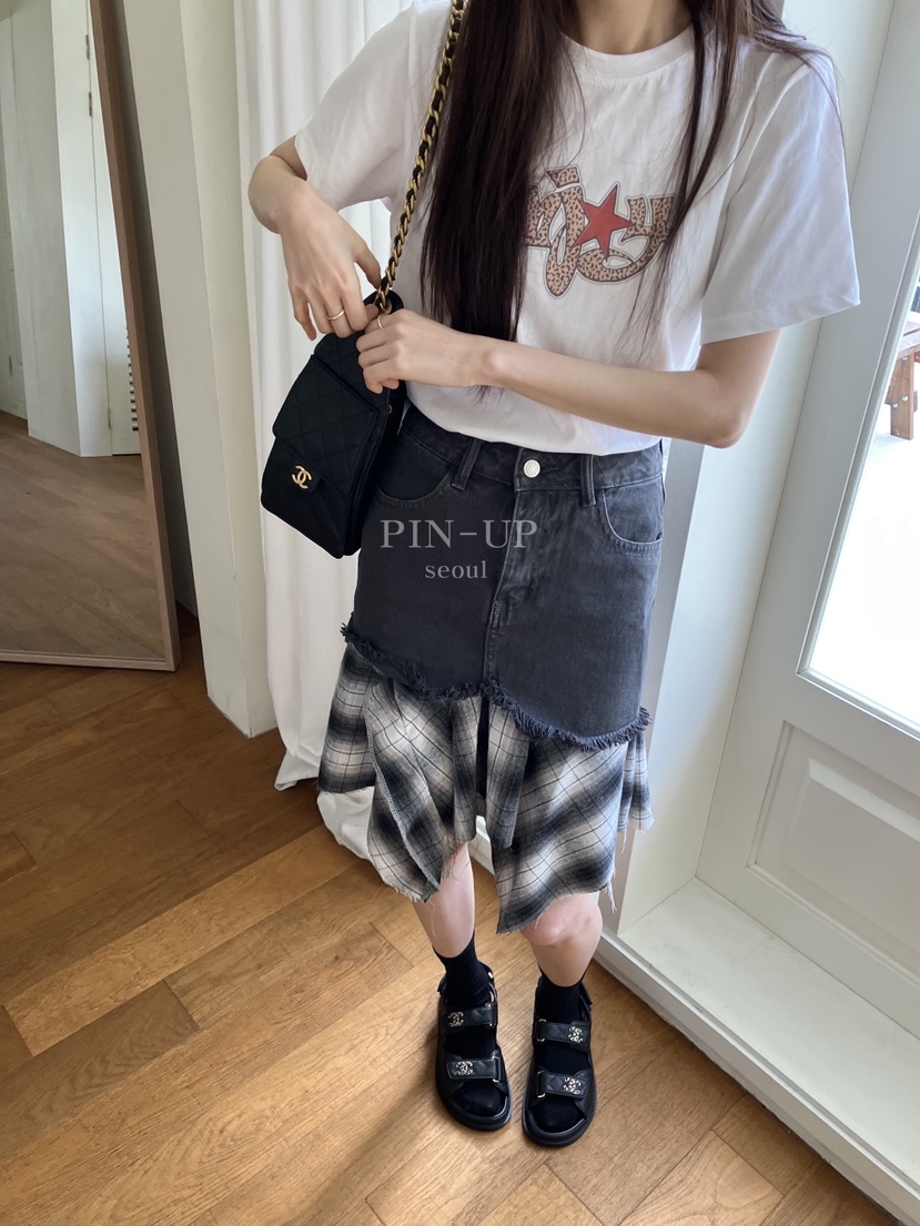 PIN-UP韓國直郵實拍女士新款26春夏半身裙中短裙不對稱格紋PIN-UP半身裙/中短裙