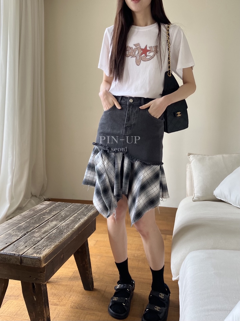 PIN-UP韓國直郵實拍女士新款26春夏半身裙中短裙不對稱格紋PIN-UP半身裙/中短裙