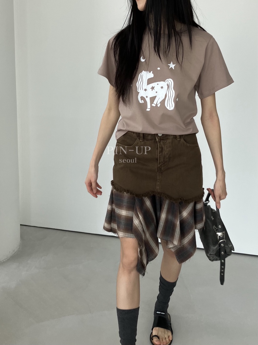 PIN-UP韓國直郵實拍女士新款26春夏半身裙中短裙不對稱格紋PIN-UP半身裙/中短裙