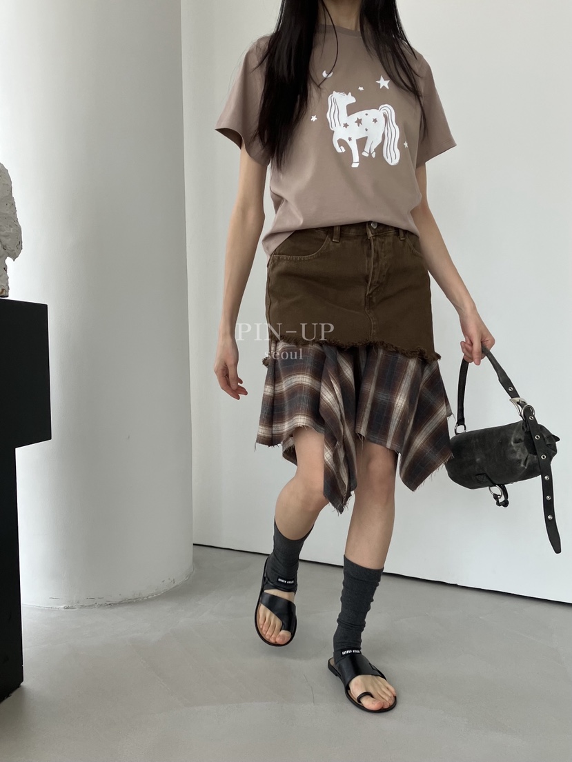 PIN-UP韓國直郵實拍女士新款26春夏半身裙中短裙不對稱格紋PIN-UP半身裙/中短裙