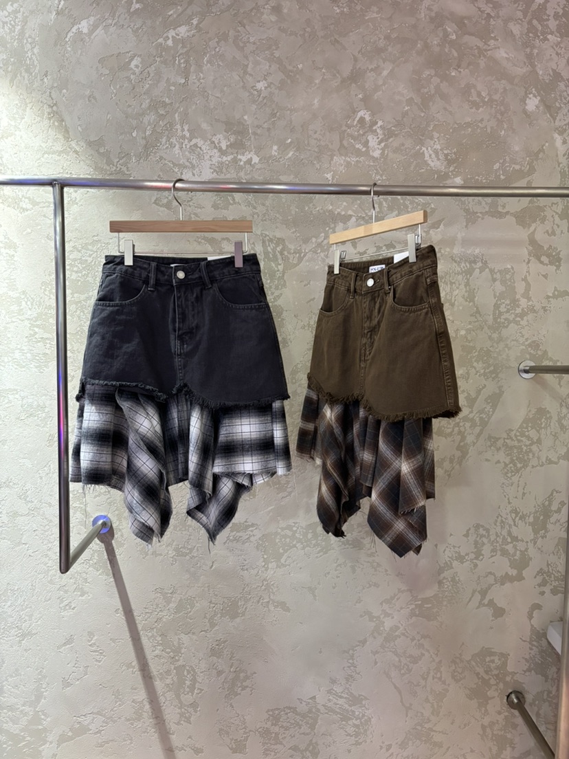 PIN-UP韓國直郵實拍女士新款26春夏半身裙中短裙不對稱格紋PIN-UP半身裙/中短裙