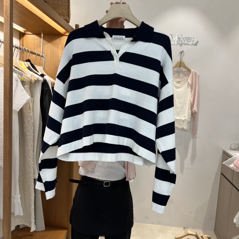VELVET UNDERGROUND韓國代購女裝新款時尚休閑長袖T恤條紋VELVET UNDERGROUND長袖T恤圖色1