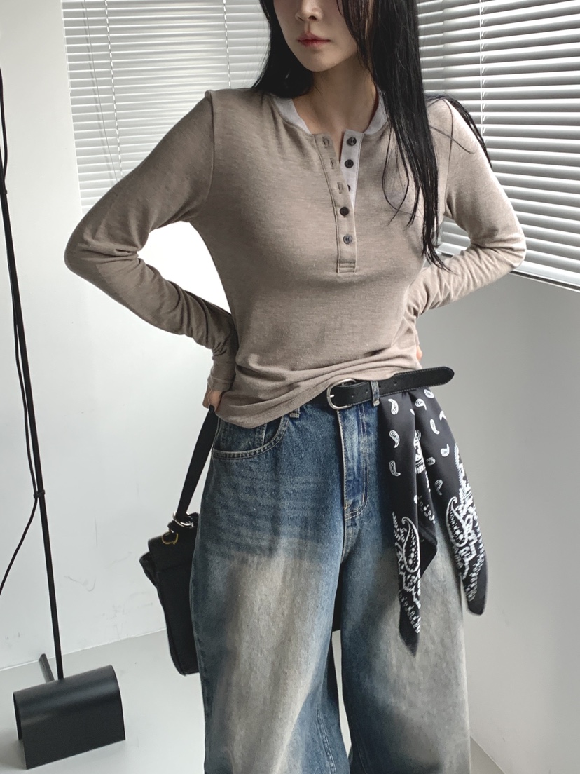 DAVICHI/D.SECOND韓國東大門直郵女士新款職業長袖T恤紐扣DAVICHI/D.SECOND長袖T恤