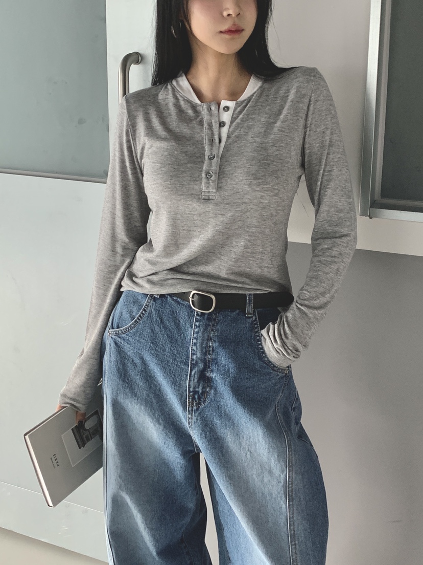 DAVICHI/D.SECOND韓國東大門直郵女士新款職業長袖T恤紐扣DAVICHI/D.SECOND長袖T恤