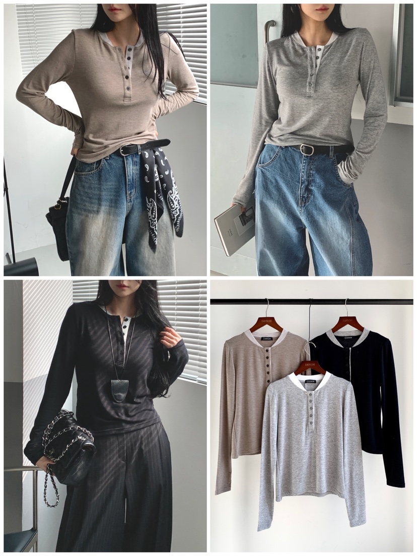 DAVICHI/D.SECOND韓國東大門直郵女士新款職業長袖T恤紐扣DAVICHI/D.SECOND長袖T恤