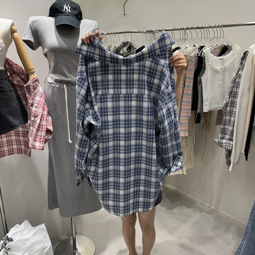 BAIE.38韓國代購女士新品熱賣襯衫蕾絲衫不含內搭格子寬松BAIE.38襯衫/蕾絲衫