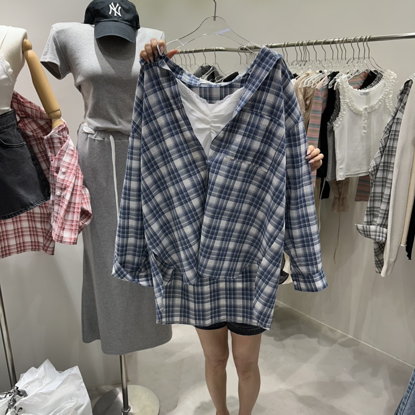 BAIE.38韓國代購女士新品熱賣襯衫蕾絲衫不含內搭格子寬松BAIE.38襯衫/蕾絲衫圖色1