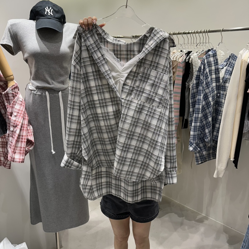 BAIE.38韓國代購女士新品熱賣襯衫蕾絲衫不含內搭格子寬松BAIE.38襯衫/蕾絲衫圖色2