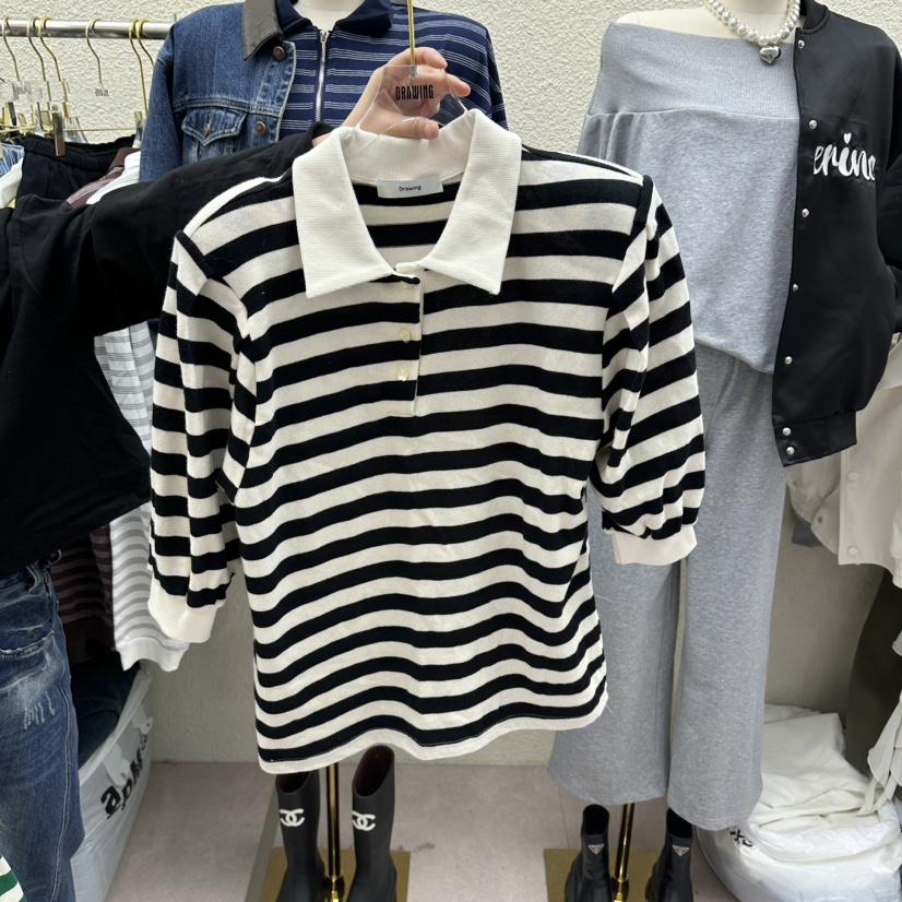 DRAWING韓國東大門直郵女裝新款休閑人氣推薦時尚T恤條紋DRAWINGT恤圖色1