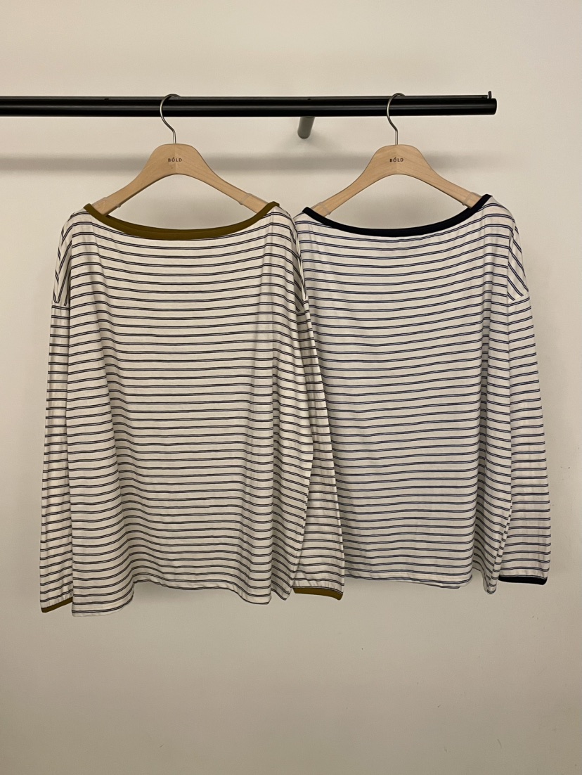 BOLD-A韓國直郵女裝新款熱賣人氣休閑時尚長袖T恤露肩條紋RE BOLD長袖T恤
