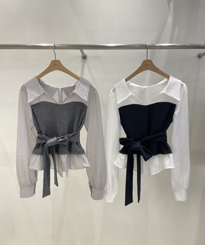 MUSK韓國直郵女裝新款人氣熱賣推薦職業襯衫蕾絲衫含腰帶MUSK襯衫/蕾絲衫