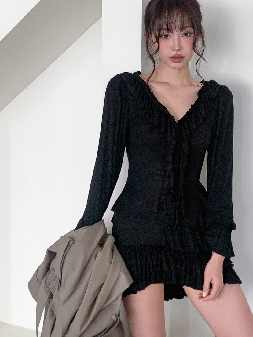 VERANDA韓國代購女士新品職業推薦休閑長袖T恤荷葉邊開衫VERANDA長袖T恤