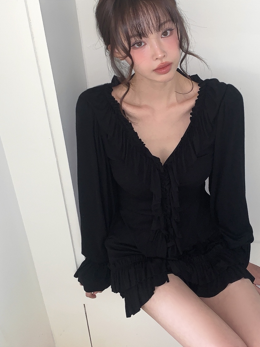 VERANDA韓國代購女士新品職業推薦休閑長袖T恤荷葉邊開衫VERANDA長袖T恤