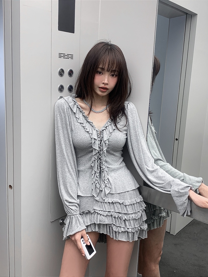 VERANDA韓國代購女士新品職業推薦休閑長袖T恤荷葉邊開衫VERANDA長袖T恤