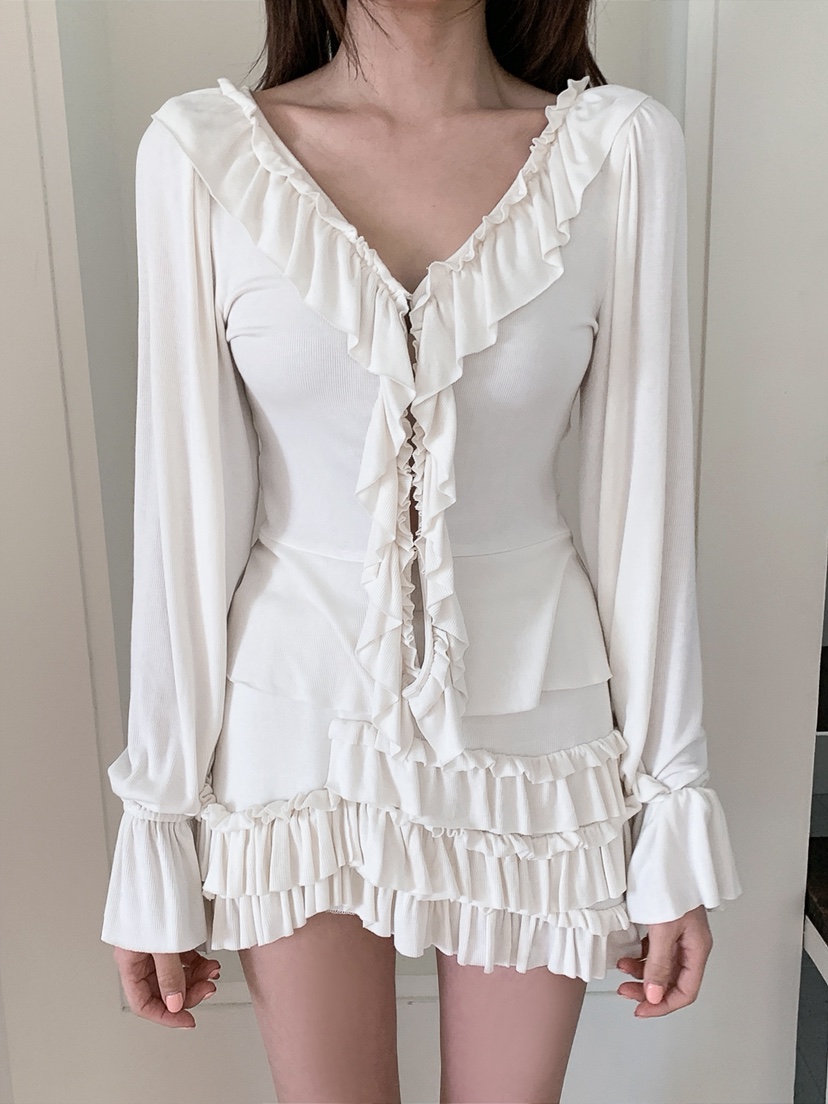 VERANDA韓國代購女士新品職業推薦休閑長袖T恤荷葉邊開衫VERANDA長袖T恤