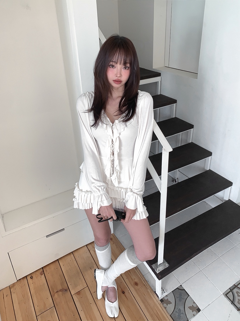 VERANDA韓國代購女士新品職業推薦休閑長袖T恤荷葉邊開衫VERANDA長袖T恤