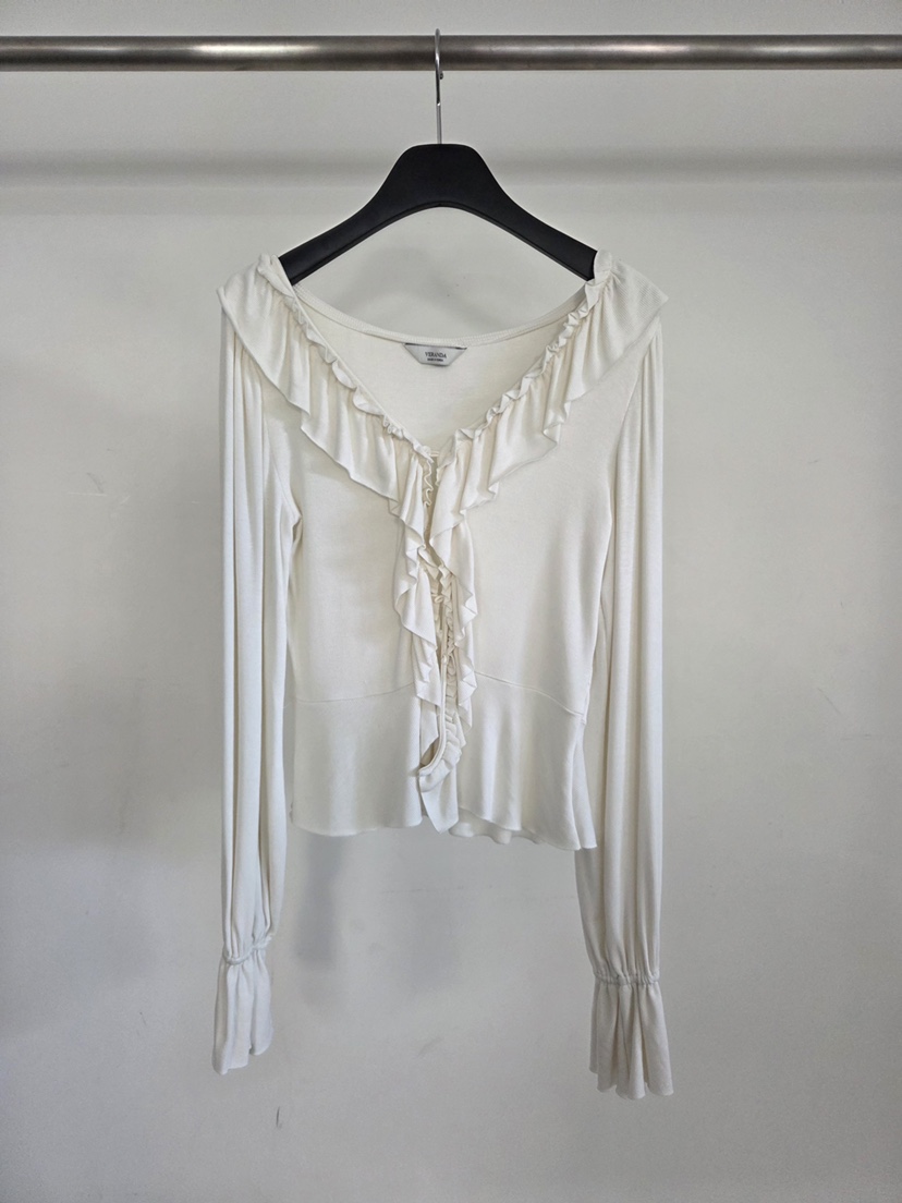 VERANDA韓國代購女士新品職業推薦休閑長袖T恤荷葉邊開衫VERANDA長袖T恤