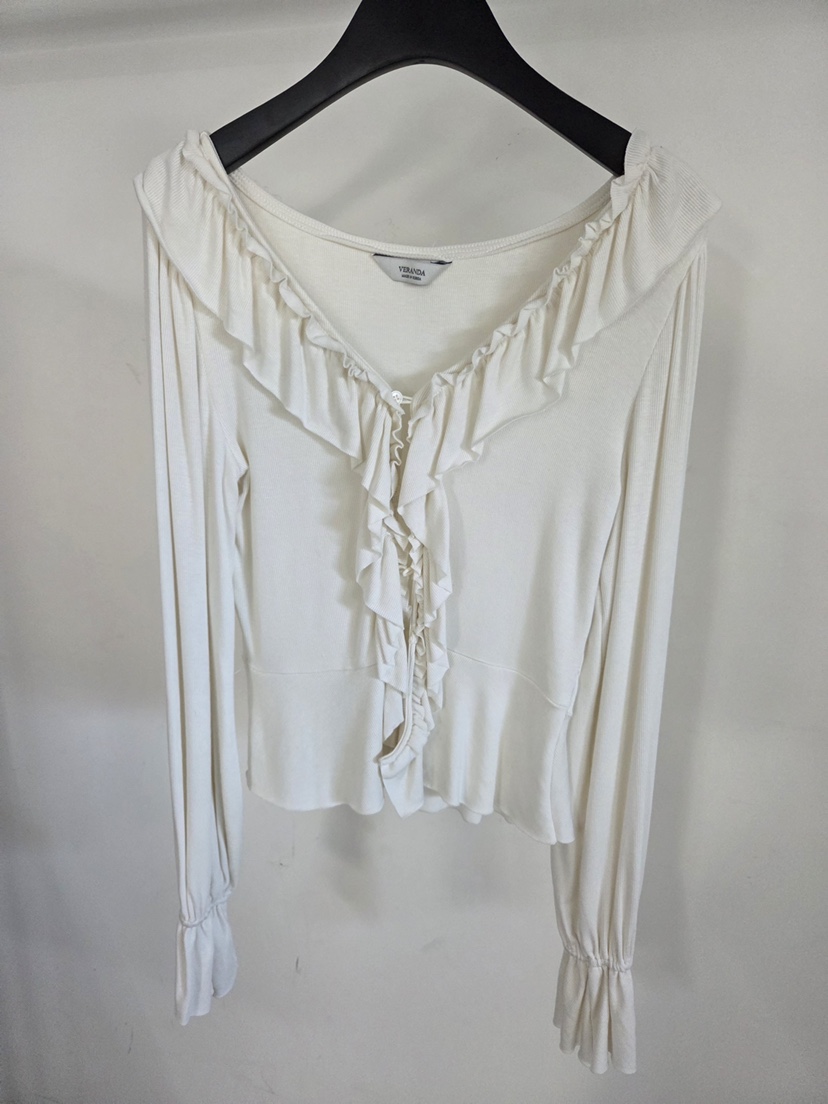 VERANDA韓國代購女士新品職業推薦休閑長袖T恤荷葉邊開衫VERANDA長袖T恤