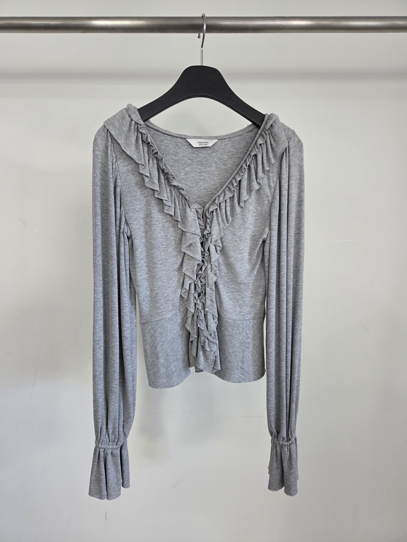 VERANDA韓國代購女士新品職業推薦休閑長袖T恤荷葉邊開衫VERANDA長袖T恤圖色1