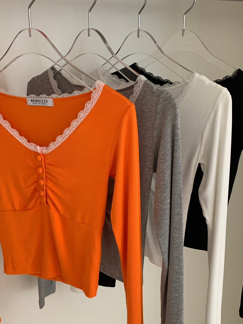 REVE CITE-L韓國代購女裝新款推薦職業長袖T恤蕾絲褶皺REVE CITE-L長袖T恤