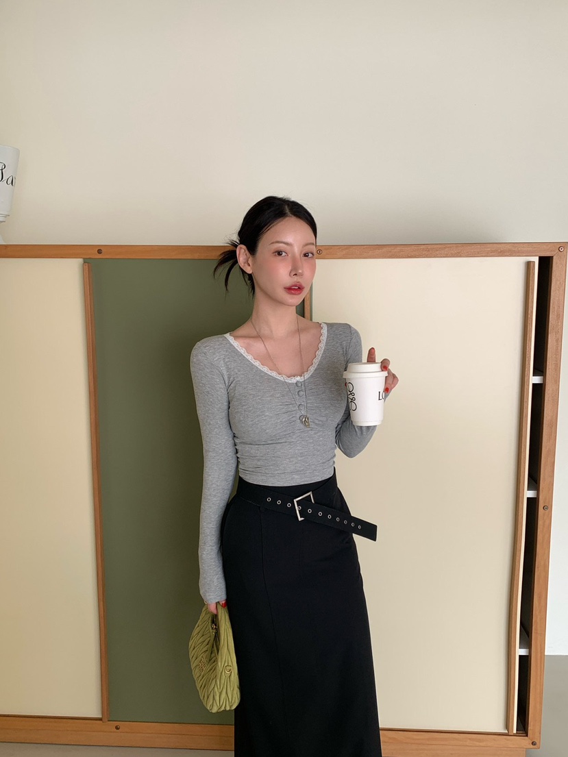 REVE CITE-L韓國代購女裝新款推薦職業長袖T恤蕾絲褶皺REVE CITE-L長袖T恤