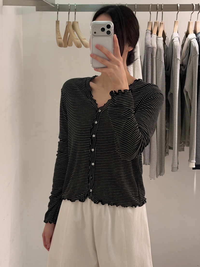 PEPPER-L韓國直郵女士新款休閑職業26春夏長袖T恤花朵條紋PEPPER長袖T恤