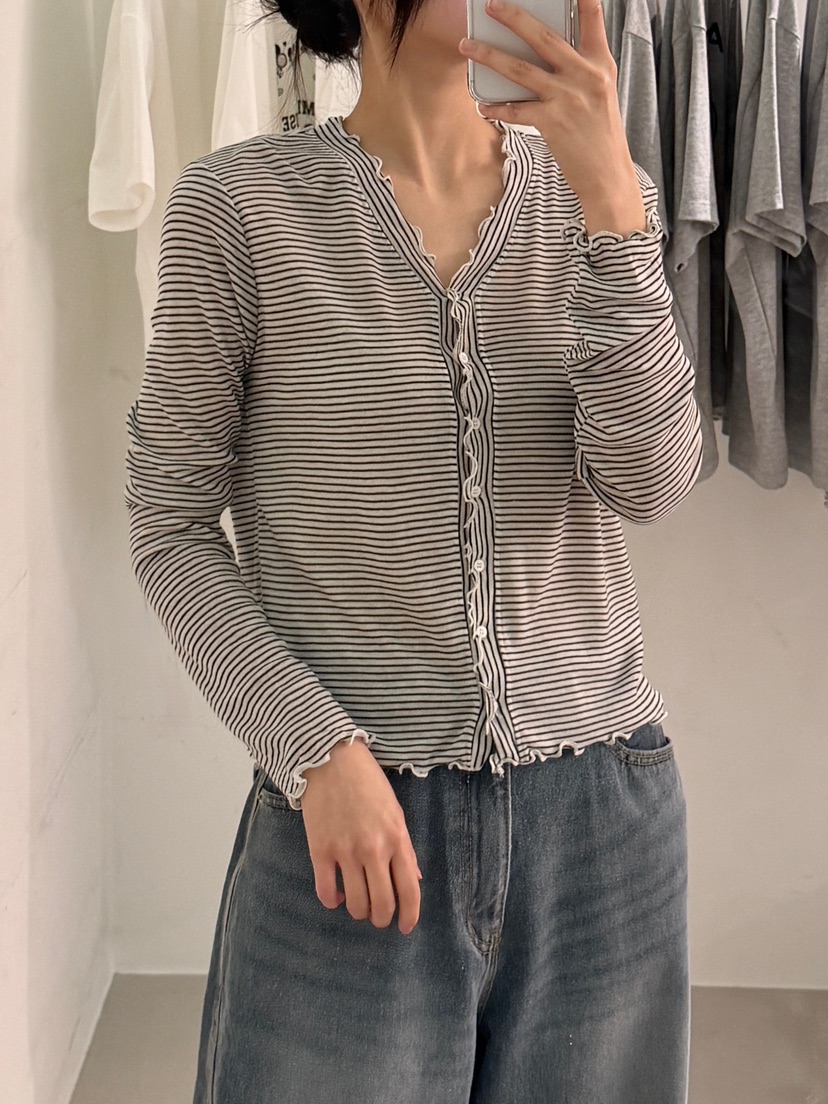 PEPPER-L韓國直郵女士新款休閑職業26春夏長袖T恤花朵條紋PEPPER長袖T恤